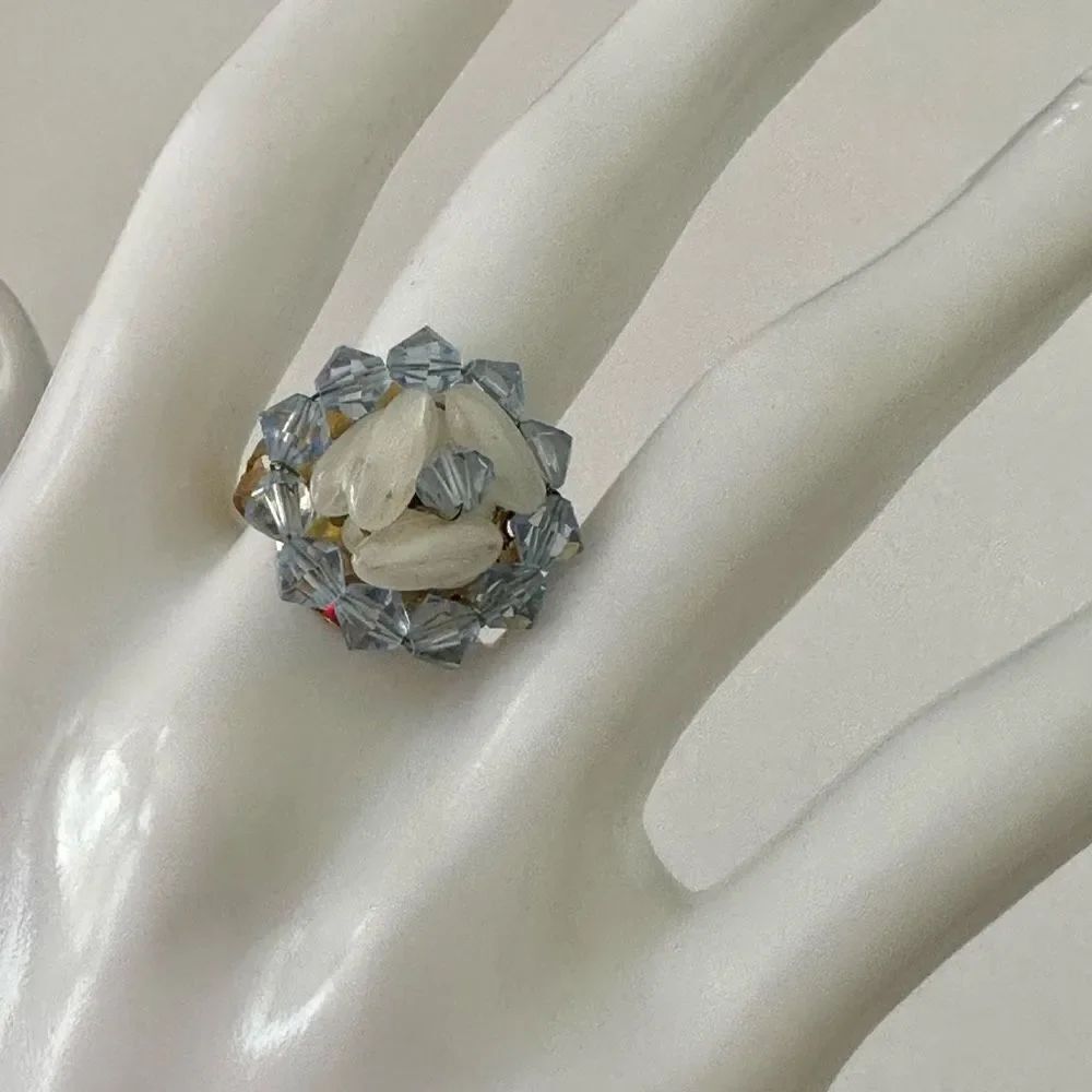 Blue beaded gold tone adjustable ring